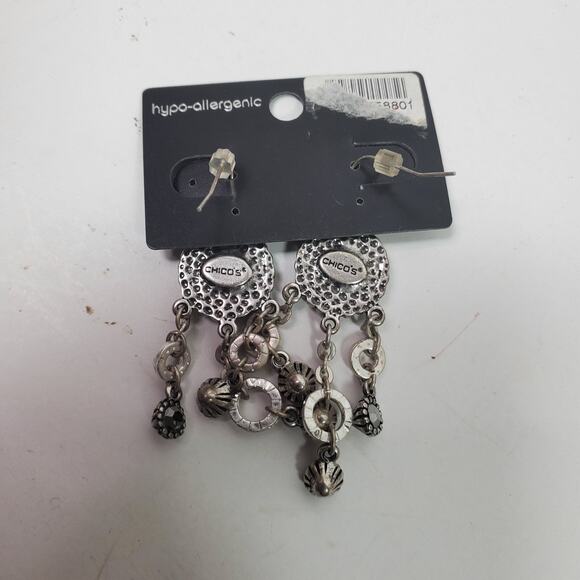 Vintage Chico's Earrings Black w/ Silver Tone 2.5 Inch Dangle Drop NEW - Picture 3 of 3